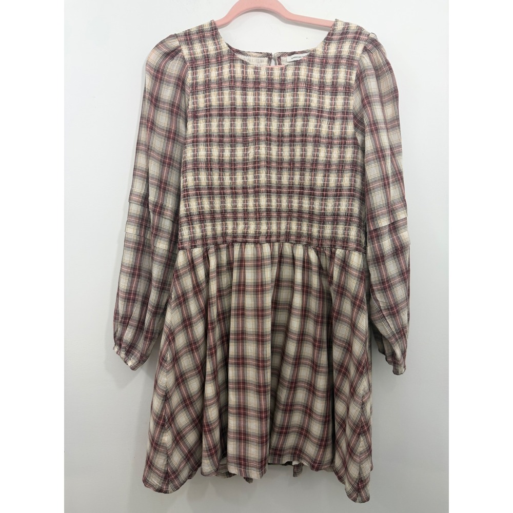 American Eagle Plaid Smocked Mini Dress Womens Large Long Sleeve Cotton Burgundy